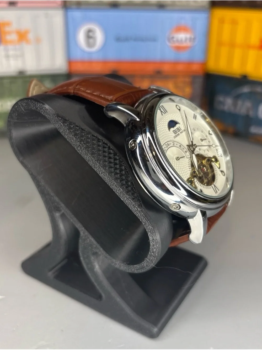 BiBi Automatic Cream Dial Skeleton Watch with Brown Leather Strap